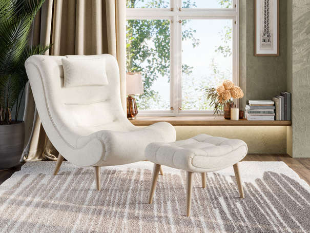 Слайм Кресло с пуфом (Молочный, ткань ULTRA IVORI)